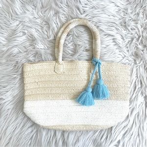 NWT Altru Straw Tote Bag/Purse in Natural & White with Blue Tassel